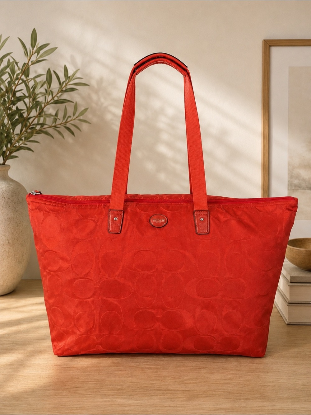 Coach Signature Nylon Tote Bag Bright Coral Orange Large Zip Top Shoulder Bag